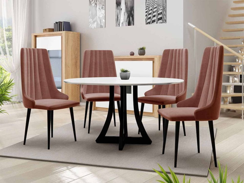 Veneti Okrúhly jedálenský stôl 100 cm so 4 stoličkami TULZA 1 - lesklý čiernobiely / ružový